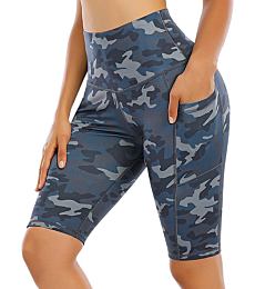 CHRLEISURE Biker Shorts with Pockets for Women High Waist, Tummy Control Workout Spandex Shorts (12“ BlueCamo, XL)