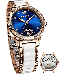 OLEVS Women Automatic Mechanical Watches Blue Rose Gold Ceramic Band Diamond Case Blue Face Waterproof Luminous Ladies Wrist Watches