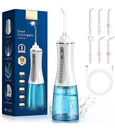 Cordless Water Dental Flosser for Teeth - Portable and Rechargeable Oral Irrigator with 350ML Tank 5 Modes 6 Replaceable Tips- IPX7 Waterproof Powerful Battery Water Dental Picks for Travel Home Use