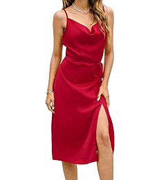 KoJooin Women's 2022 Summer Shiny Silk Satin Dress Modest Y2K Bodycon Evening Party Dress with Belt Spaghetti Strap Drape Cowl Neck Sexy Cocktail Maxi Dress Wine Red Large