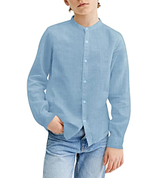 Mafulus Boys Button Down Linen Shirt Long Sleeve Mandarin Collar Loose Fit Casual School Summer Top