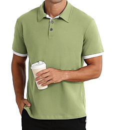 NITAGUT Mens Short Sleeve Polo Shirt Casual Fashion Polo Golf Cool Fit Contrast Shirt for Man,Lignt Green,L