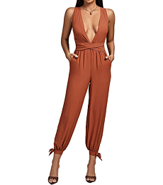 Umenlele Women's Sexy Plunging V Neck Sleeveless High Waist Backless with Pockets Rompers Overalls Jumpsuit Orange Medium