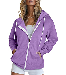 Dokotoo Fall Solid Color Oversized Purple Full Zip Up Hoodies for Women 2022 Long Sleeve Ladies Hooded Sweatshirts Pockets Jacket Coat for Teen Girls Casual Large