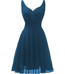 Dressever Summer Cocktail Dress V-Neck Adjustable Spaghetti Strap Chiffon Sundress with Pockets Steel Blue S