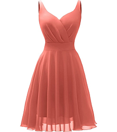 Dressever Summer Cocktail Dress V-Neck Adjustable Spaghetti Strap Chiffon Sundress with Pockets Coral S