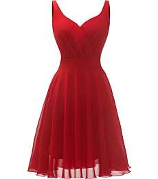 Dressever Summer Cocktail Dress V-Neck Adjustable Spaghetti Strap Chiffon Sundress with Pockets Red S