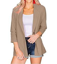 Wihion Women Casual Blazers Open Front Tucked 3/4 Sleeve Lapel Solid Work Office Jackets with Pockets Khaki
