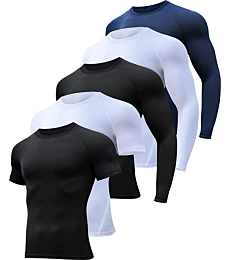 5 Pack Compression Shirts Men Long/Short Sleeve Athletic Cold Weather Baselayer Undershirt Gear T-Shirt for Sports Workout-2 Black 2 White 1 Blue-L