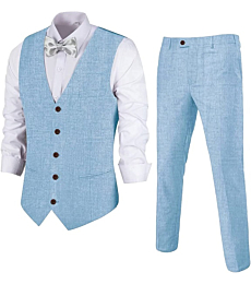 Men's Linen 2 Piece Suit Slim Fit Wedding Groomsmen Tuxedos Summer Beach Prom Blue Vest Pants Set 3XL