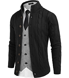 COOFANDY Men's Cardigan Sweater Slim Fit Stand Collar Cardigan Casual Cable Knitted Button Down Sweater with Pockets Black