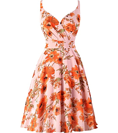 Dressever Summer Cocktail Dress V-Neck Adjustable Spaghetti Strap Chiffon Sundress with Pockets Orange Flower S