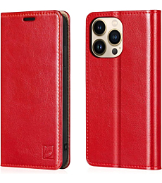 Belemay Case for iPhone 14 Pro Max Case Wallet-Genuine Leather Flip Phone Case-RFID Blocking Card Holders-Shockproof TPU Shell Folio Cover Women Men Compatible with iPhone 14 Pro Max (6.7-inch) Red