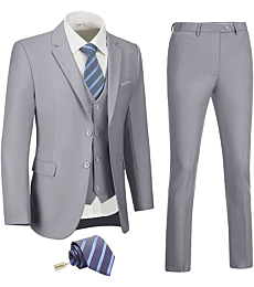Men Suits Slim Fit Grey Business Wedding 3 Piece Tux Groomsmen Prom Blazer Jacket Vest Pants with Tie Men Suit Set S