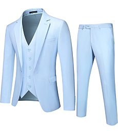 UNINUKOO Men Slim Fit Suit Set 3 Piece Classic Wedding Fashion Dress Suit Jacket Pants with Vest US Size 36 Light Blue