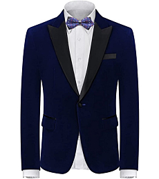 Mens Velvet Blazer Slim Fit Suit Jacket for Men Peaked Lapel One Button Tuxedo Blazer Wedding Prom Dinner Navy Blue