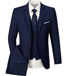 Mens Three Piece Business Suit Slim Fit Prom Tuxedo Elegant Formal Solid Wedding Blazer Vest Pants for Men Navy Blue M