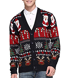 Men's Christmas Rudolph Reindeer Holiday Festive Knitted Sweater Cardigan Cute Ugly Pullover Jumper (X Large, Reindeer-Santa&Cane Cardigan)
