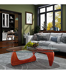 Noguchi Table Triangle Glass Coffee Table with Solid Wood Base, Modern Tempered Glass Accent Table, Sofa Side Table for Living Room Patio Study Office Hotel (0.472inch, Cherry)