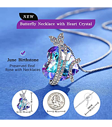 Butterfly Necklaces with Birthstone Crystals, Christmas Gifts for Women Mom Wife Grandma, Anniversary Birthday Valentine's Day Jewelry Gifts for Her - Love Heart Alexandrite Purple Crystal for June