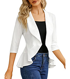 KOJOOIN Womens Casual Blazer 3/4 Sleeve Open Front Ruffle Work Office Cardigan Suit Jacket White L