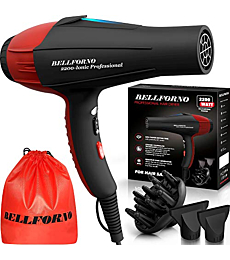 Professional Ionic Salon Hair Dryer, 2200 Watt Powerful AC Motor Ceramic Tourmaline Ion Blow Dryer, Quiet Hair Dryers with Diffuser & 2 Concentrator Nozzle Attachments Black/Red