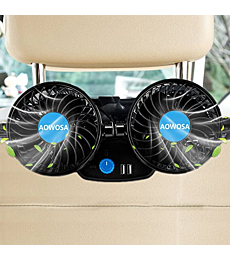 Car Fans 12V Electric Cooling Rear Seat Headrest Vehicle Fan with Cigarette Lighter Plug 2 Speed 2 USB Charging Ports, 360 Degree Adjustable Dual Head Automobile Fan for Truck Van SUV RV Boat Auto