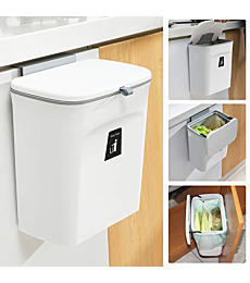 Tiyafuro 2.4 Gallon Kitchen Compost Bin for Counter Top or Under Sink, Hanging Small Trash Can with Lid for Cupboard/Bathroom/Bedroom/Office/Camping, Mountable Indoor Compost Bucket, White