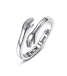 Sterling Silver Hug Ring for Women - Mother Gift Sister Gifts Engraved Words Hugging Hands Open Ring Friendship Jewelry Gift (I Love You MOM)
