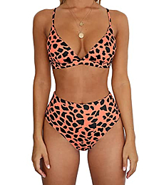 BTFBM Women Casual Adjustable Spaghetti Strap Leopard Printed Triangle Two Piece Bikini Set High Waisted Bottom Beach Swimwear Bathing Suits (Orange, Medium)