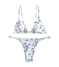 ZAFUL Ditsy Floral Printed Bikini Set Swimsuit Triangle Cheeky Thong Swimwear White