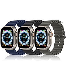 3 Pack Ocean Sport Band for Apple Watch Band 49mm 44mm 45mm, Soft Silicone Adjustable Loop Titanium Buckle Wristbands Replacement for iWatch Series Ultra SE 8 7 6 5 4 3 2 1 Women Men, Bla/Gre/Blue-42