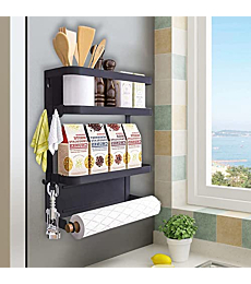 Magnetic Spice Rack, Magnetic Shelf with Paper Towel Holder 2 Tier Kitchen Refrigerator Storage Rack Fridge Magnet Organizer(Black, Medium)