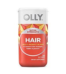 OLLY Ultra Strength Hair Softgels, Supports Hair Strength, Health and Growth, Biotin, Keratin, Vitamin D, B12, Hair Supplement, 30 Day Supply - 30 Count (Packaging May Vary)