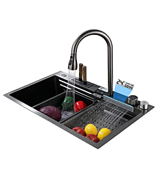 Black Kitchen Sink 304 Stainless Steel Sink Single Bowl Workstation Kitchen Sink with Multifunctional Digital Display Fly Rain Pull-Out Gray Faucet and Sink Accessories, 46 * 75cm
