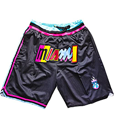 Men's Miami Basketball Shorts Embroidery Mesh Retro Sports Pants Black