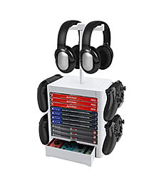 Number-one Game Storage Tower Bracket, Multifunction Gaming Disks Organizer Rack, Most Storage 10 Disk, 2 Headsets Stand 4 Controllers Holder, Compatible with PS5/PS4/XBOX Series Accessories, White