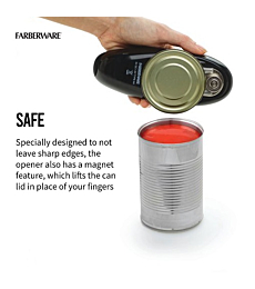 Close-up of the Farberware Can Opener smoothly cutting around a can's lid. Alt text: Seamless cutting for smooth edges, every time