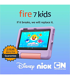Close-up of Fire 7 Kids tablet with kid-proof case, highlighting durability.
