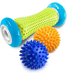Pasnity Foot Massage Roller Spiky Ball Foot Pain Relief Massager Relieve Plantar Fasciitis and Heel Foot Arch Pain and Relax Shoulder Foot Back Leg Hand, Included 1 Roller & 2 Spiky Balls (Light Blue)