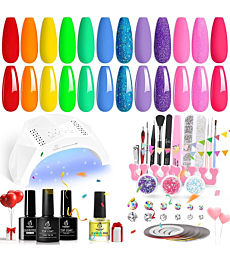Beetles Gel Nail Polish Starter Kit with U V Light 12 Colors Red, Neon Pink Rainbow Summer Gel Nail Kit with 48W LED Nail Lamp Gel Base Top Coat Cure Yellow Neon Green Gel Polish Nail Gift for Women
