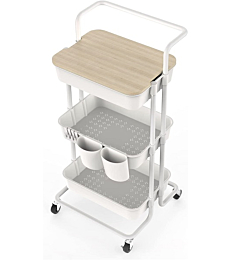 DTK 3 Tier Utility Rolling Cart with Cover Board, Rolling Storage Cart with Handle and Locking Wheels Kitchen Cart with 2 Small Baskets and 4 Hooks for Bathroom Office Balcony Living Room(White)