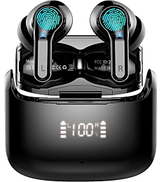 Wireless earbuds with charging case, sleek black design