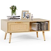 LAZZO Rattan Coffee Table Mid Century Modern Center Rectangular Tables with 2 Drawers and Open Storage Shelf Wooden Small Media Table for Home Living Room,Office Natural Wood