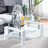 Living Room Rectangle Coffee Table, Tea Table Suitable for Waiting Room, Modern Side Coffee Table with Wooden Leg, Glass Tabletop with Lower Shelf, White