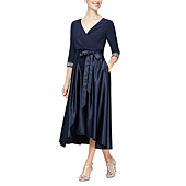 Alex Evenings Women's Satin Ballgown Dress with Pockets (Petite and Regular Sizes), Navy Beaded, 4