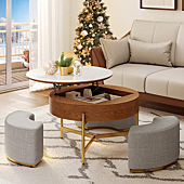 HERNEST Lift Top Round Coffee Table with Storage Compartment 3 Stools Pop Up Stone Tabletop Rising Top Modern Coffee Table Set for Living Room Apartment