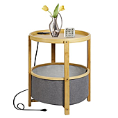 Avarmora End Table with Charging Station, Small Side Table with Storage Bamboo Round End Tables Nightstand Night Table for Living Room, Bedroom, Balcony Indoor Outdoor (Natural)
