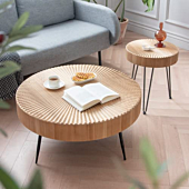 COZAYH 2-Piece Modern Farmhouse Living Room Coffee Table Set, Nesting Table Round Natural Finish with Handcrafted Wood Radial Pattern