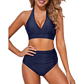Tempt Me Women Navy Blue Two Piece High Waisted Bikini Set Swimsuits Push Up Halter Tummy Control Bottoms Bathing Suits M